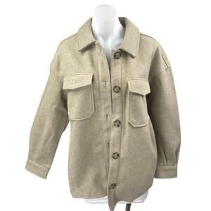Avec Les Filles Beige Long Sleeve Button Down Pockets Shirt Shaket Coat Jacket M